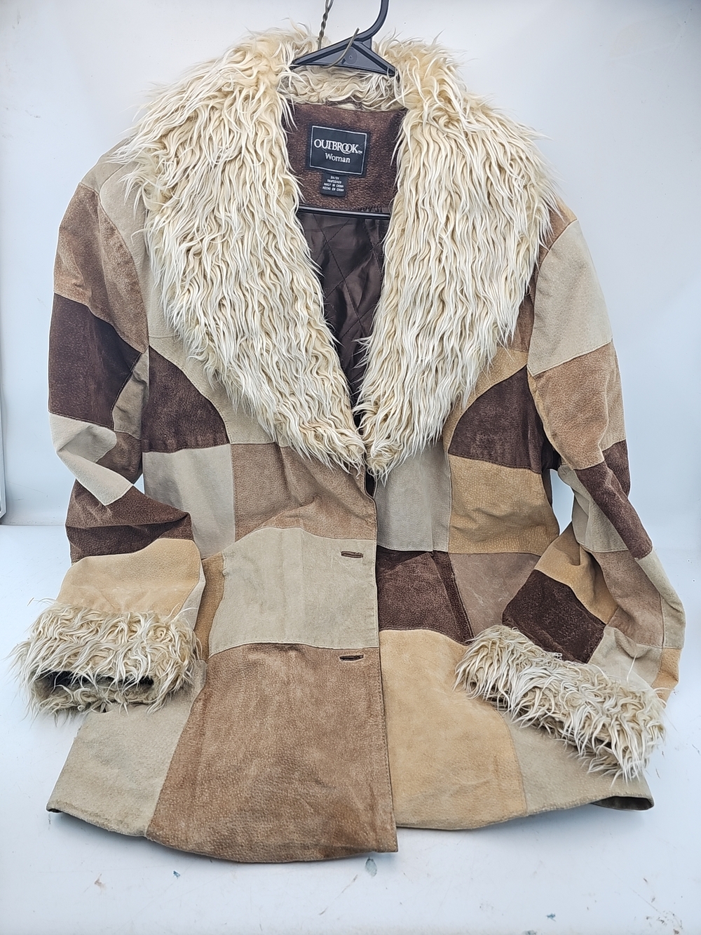 Outbrook Women’s Cream & Brown Patchwork Suede Jacket with Faux Fur Collar